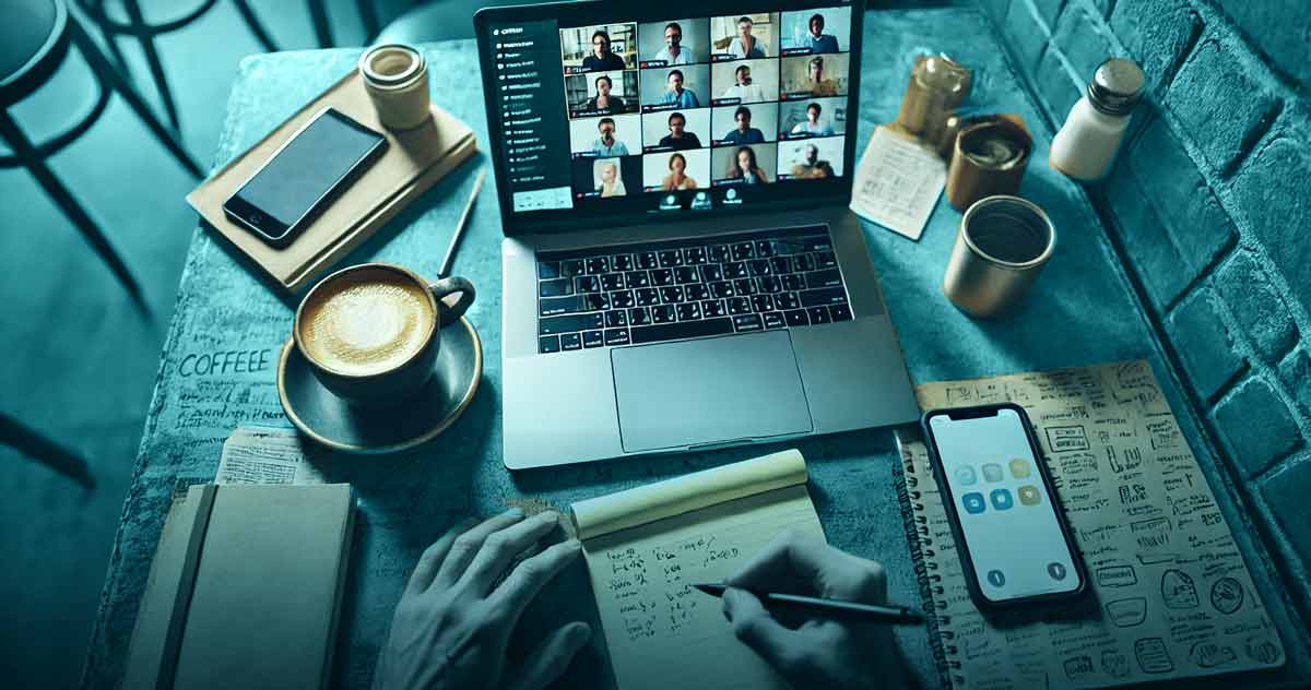 The Roster blog image for 'The Freelance Social Contract: Advice for Freelancers' POV of a freelancer working at their laptop in a coffeeshop; smartphone, coffee, and notebook on table with laptop in the foreground.