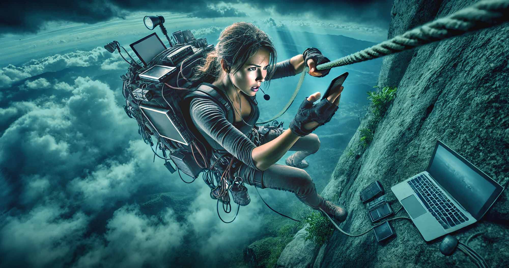 The Roster blog image for 'Clever Founder Syndrome: Why Trying to Do It All Costs More Than You Think' shows a mountain-climbing founder loaded down with tech gear, conducting business while hanging from a cliff.