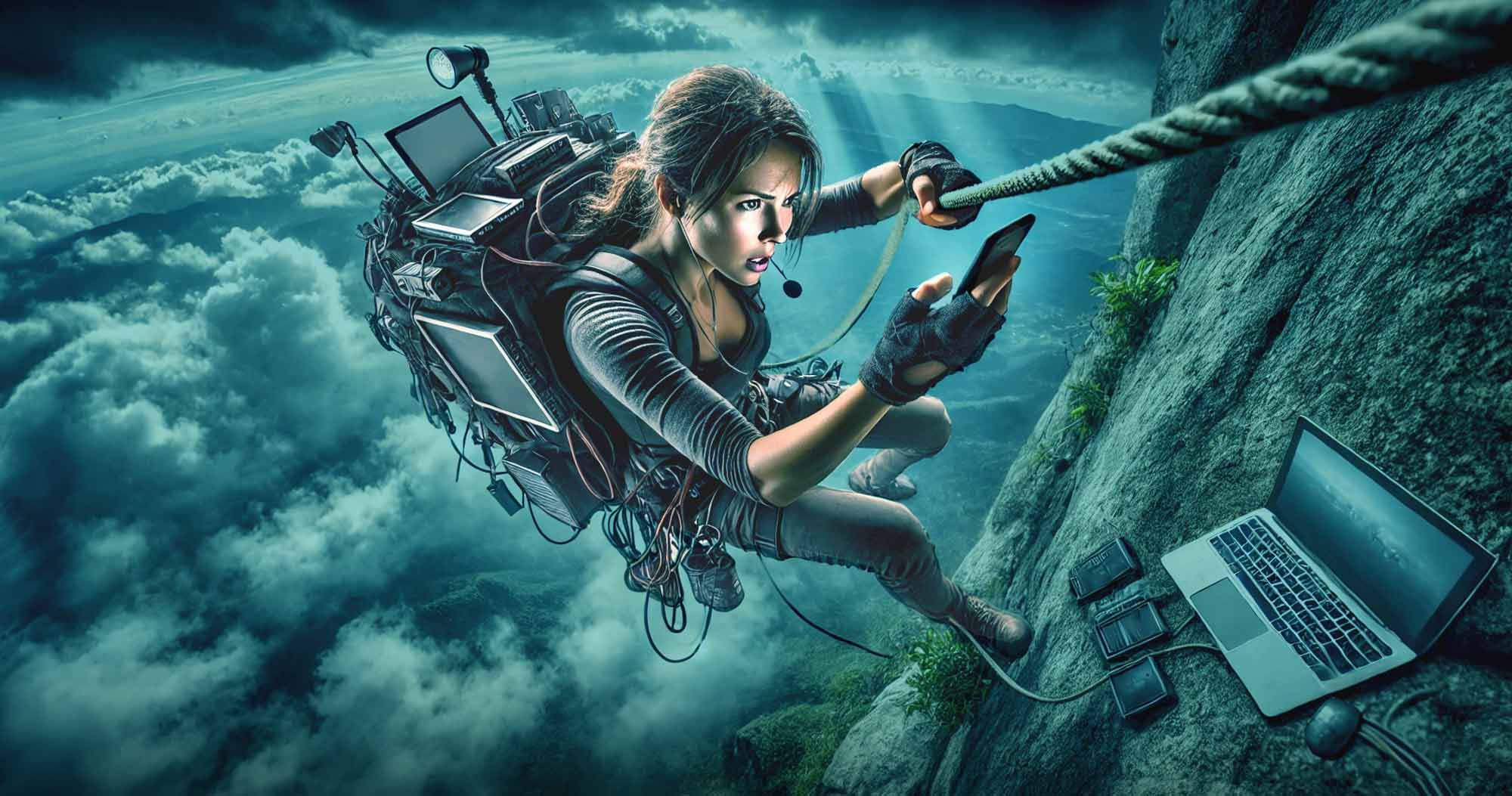The Roster blog image for 'Clever Founder Syndrome: Why Trying to Do It All Costs More Than You Think' shows a mountain-climbing founder loaded down with tech gear, conducting business while hanging from a cliff.
