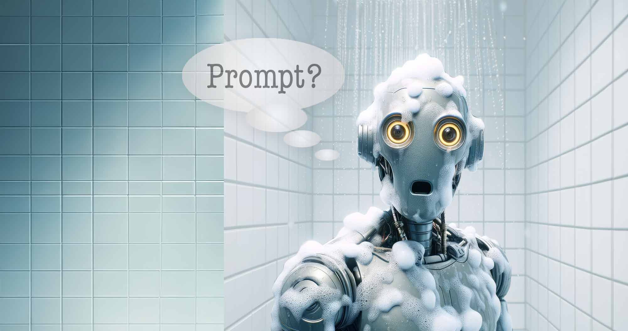 The Roster blog image for 'Distinctly Human: Our Edge Over AI,' an AI robot in a shower, staring at camera with a thought bubble that simply says, 'Prompt?'.