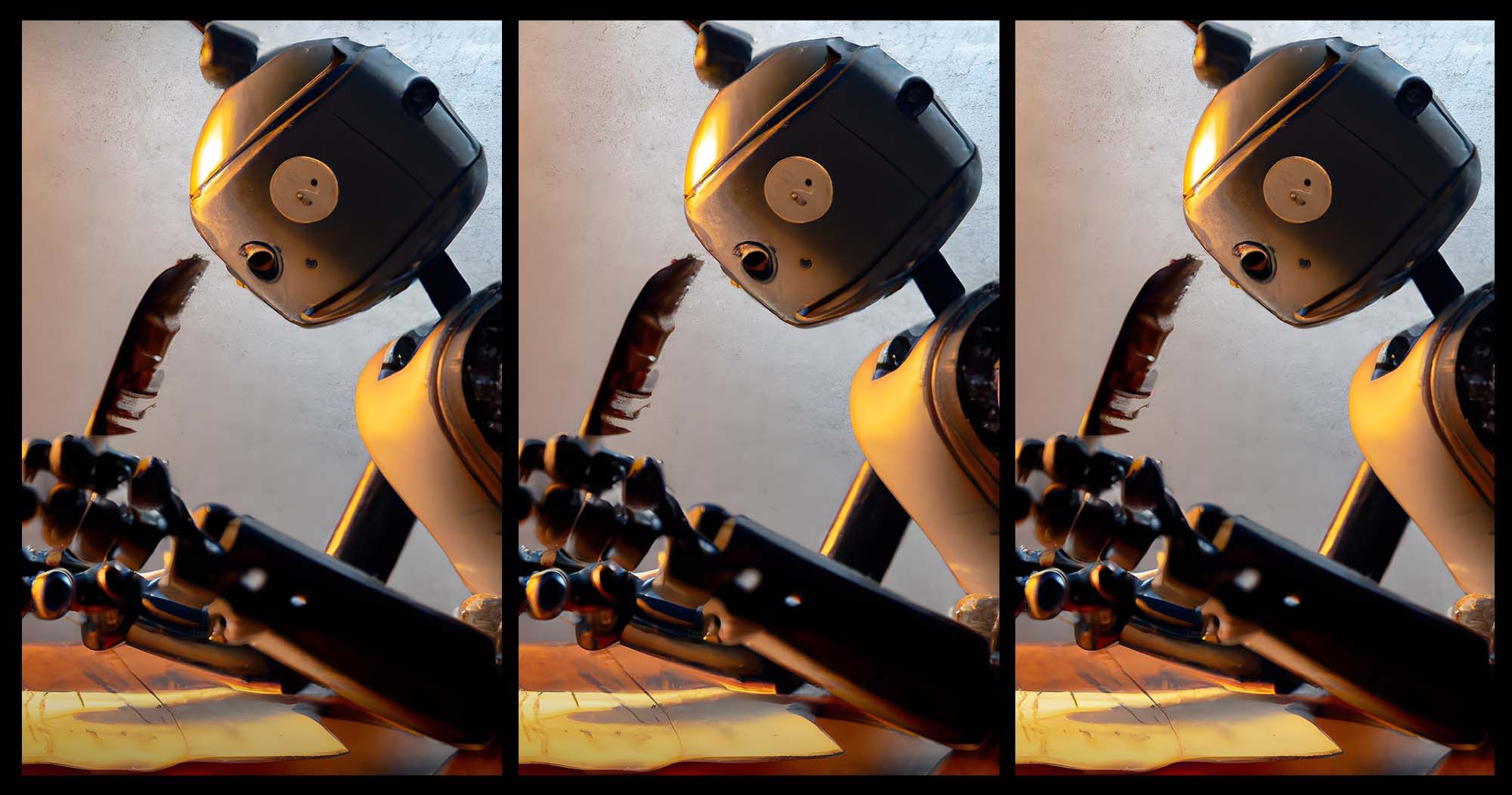 TheRoster.agency blog cover image of an AI-generated robot writing with feather quill pen.