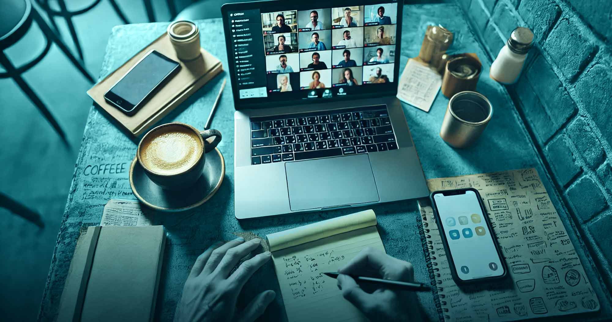 The Roster blog image for 'The Freelance Social Contract: Advice for Freelancers' POV of a freelancer working at their laptop in a coffeeshop; smartphone, coffee, and notebook on table with laptop in the foreground.