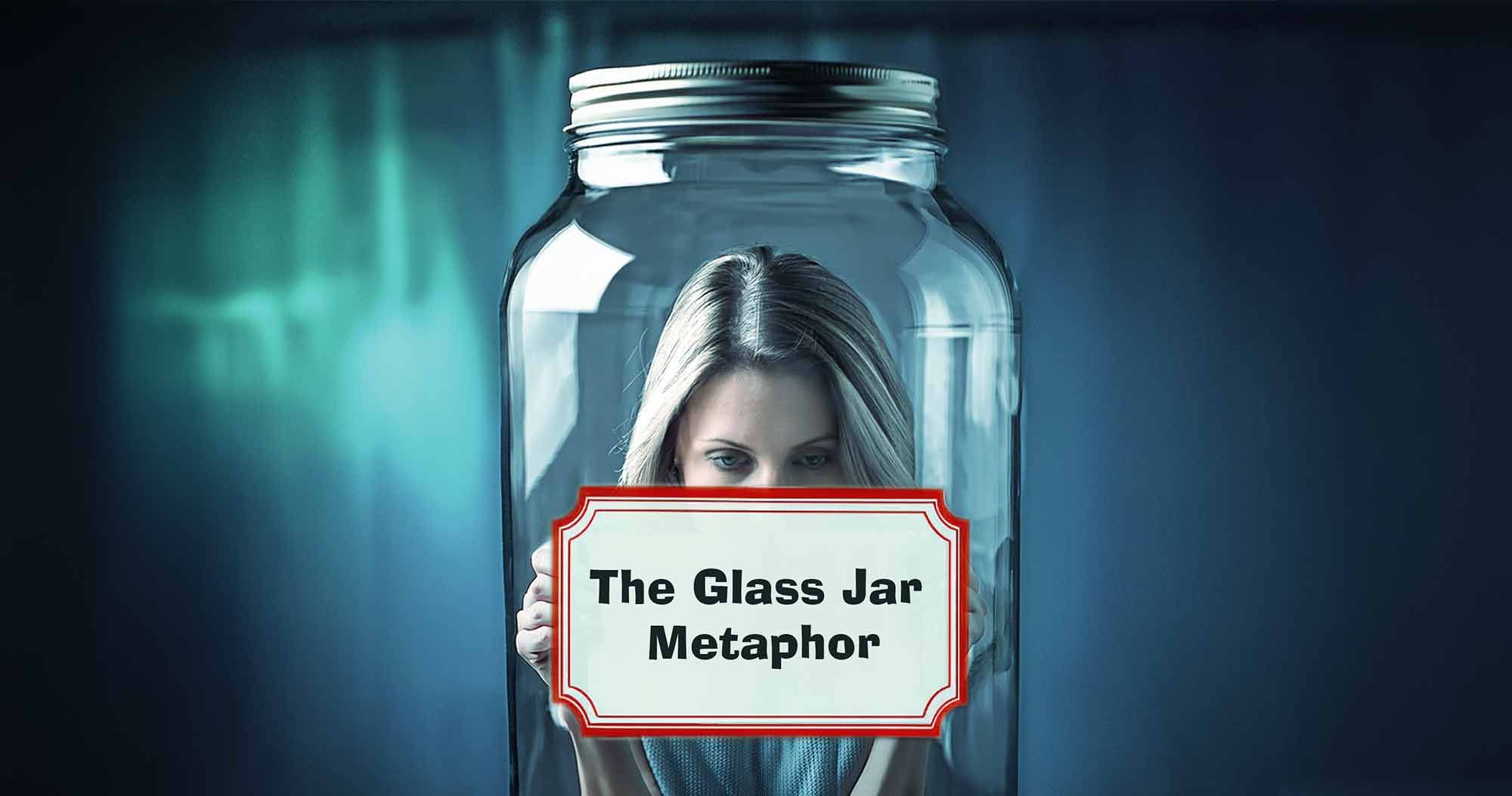 The Roster blog image for 'The Glass Jar Metaphor: How to Help Your Friends Help You,' A woman in a glass jar trying to peer out to read the outside label'.